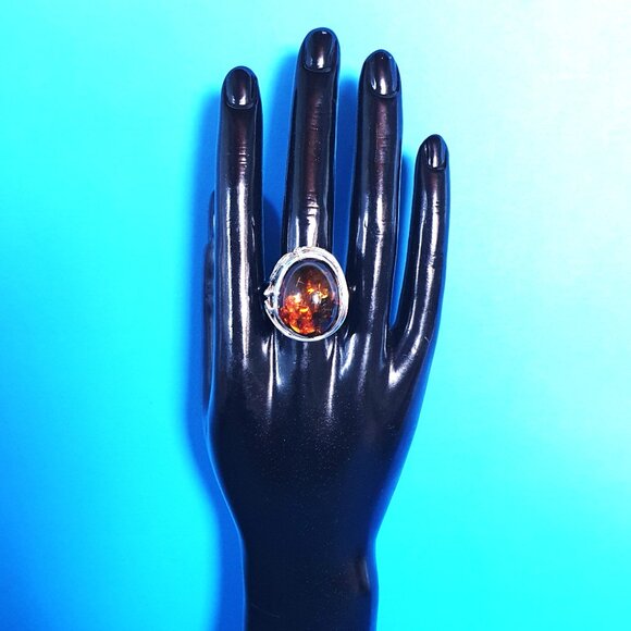 Vintage Cognac Baltic Amber Sterling Silver Art Nouveau–Inspired Floral Ring - Picture 15 of 16